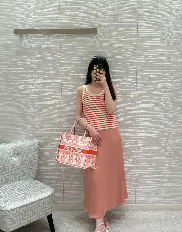 Dior Book Tote Medium Jouy Soleil Canvas Coral Orange Silver Hardware