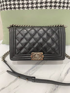 Chanel Boy Shoulder Bag Black Leather Antique Silver Hardware