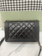 Chanel Boy Shoulder Bag Black Leather Antique Silver Hardware