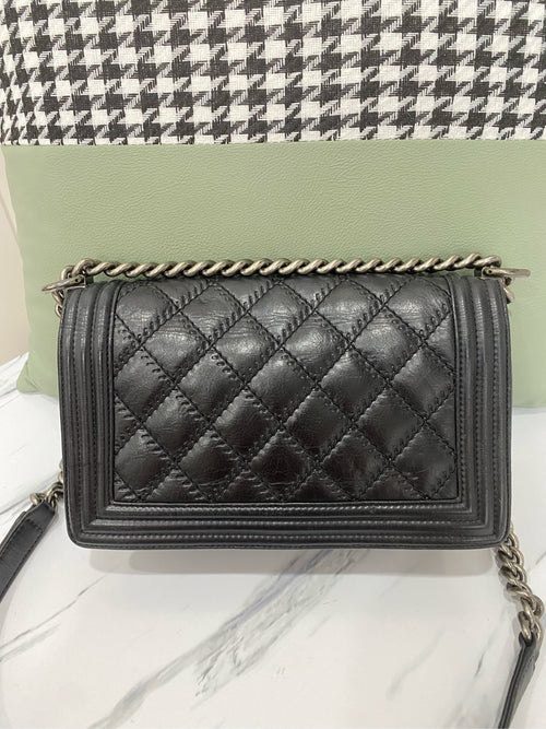 Chanel Boy Shoulder Bag Black Leather Antique Silver Hardware