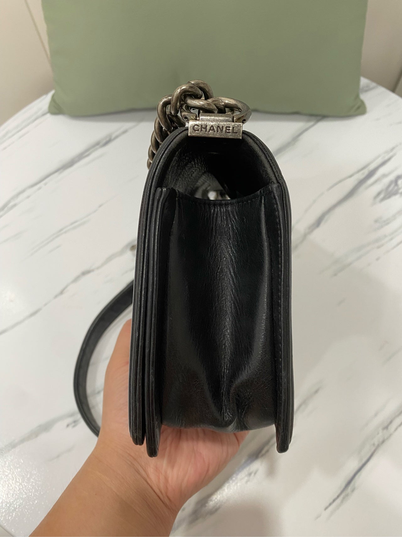 Chanel Boy Shoulder Bag Black Leather Antique Silver Hardware