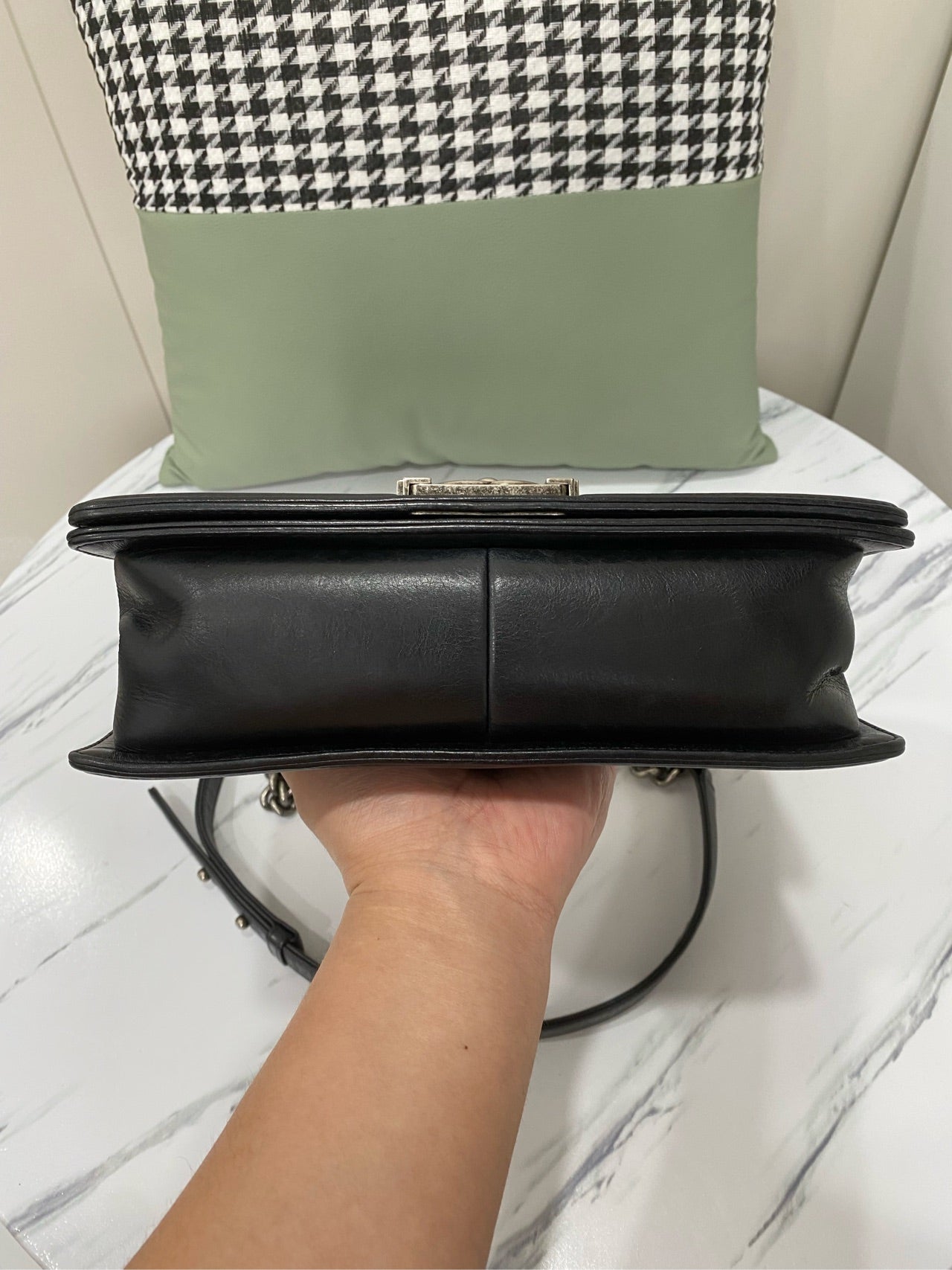 Chanel Boy Shoulder Bag Black Leather Antique Silver Hardware