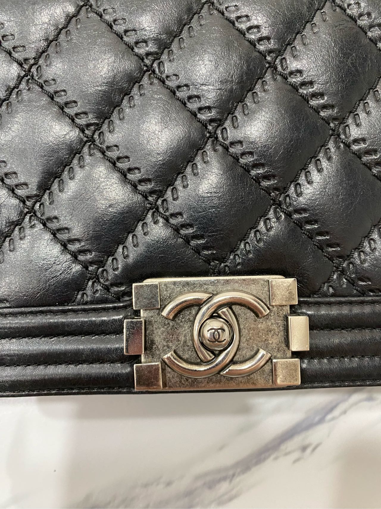 Chanel Boy Shoulder Bag Black Leather Antique Silver Hardware