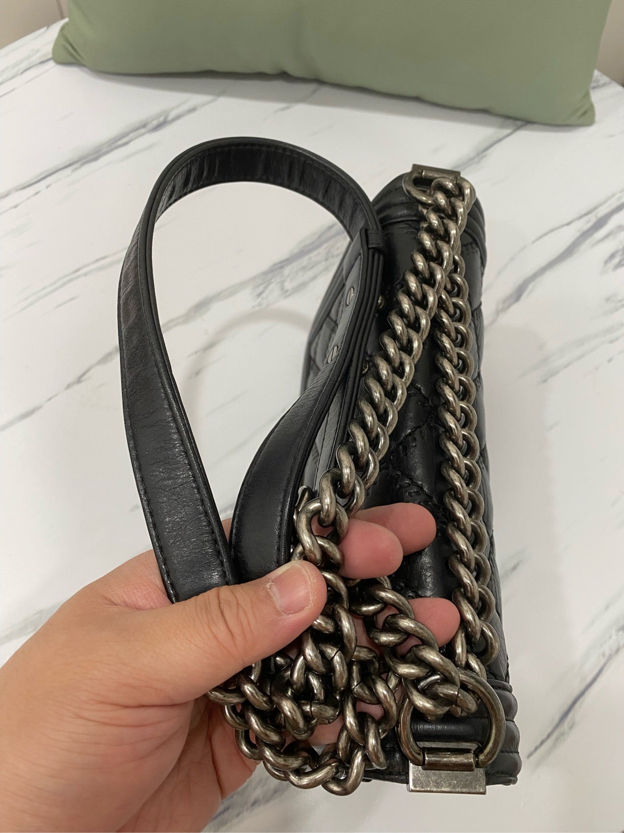 Chanel Boy Shoulder Bag Black Leather Antique Silver Hardware