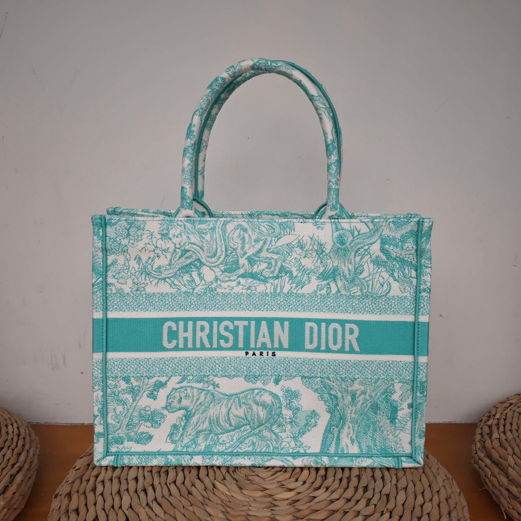 Dior Book Tote Medium Animal Collection Tiger Mint Green Silver Hardware