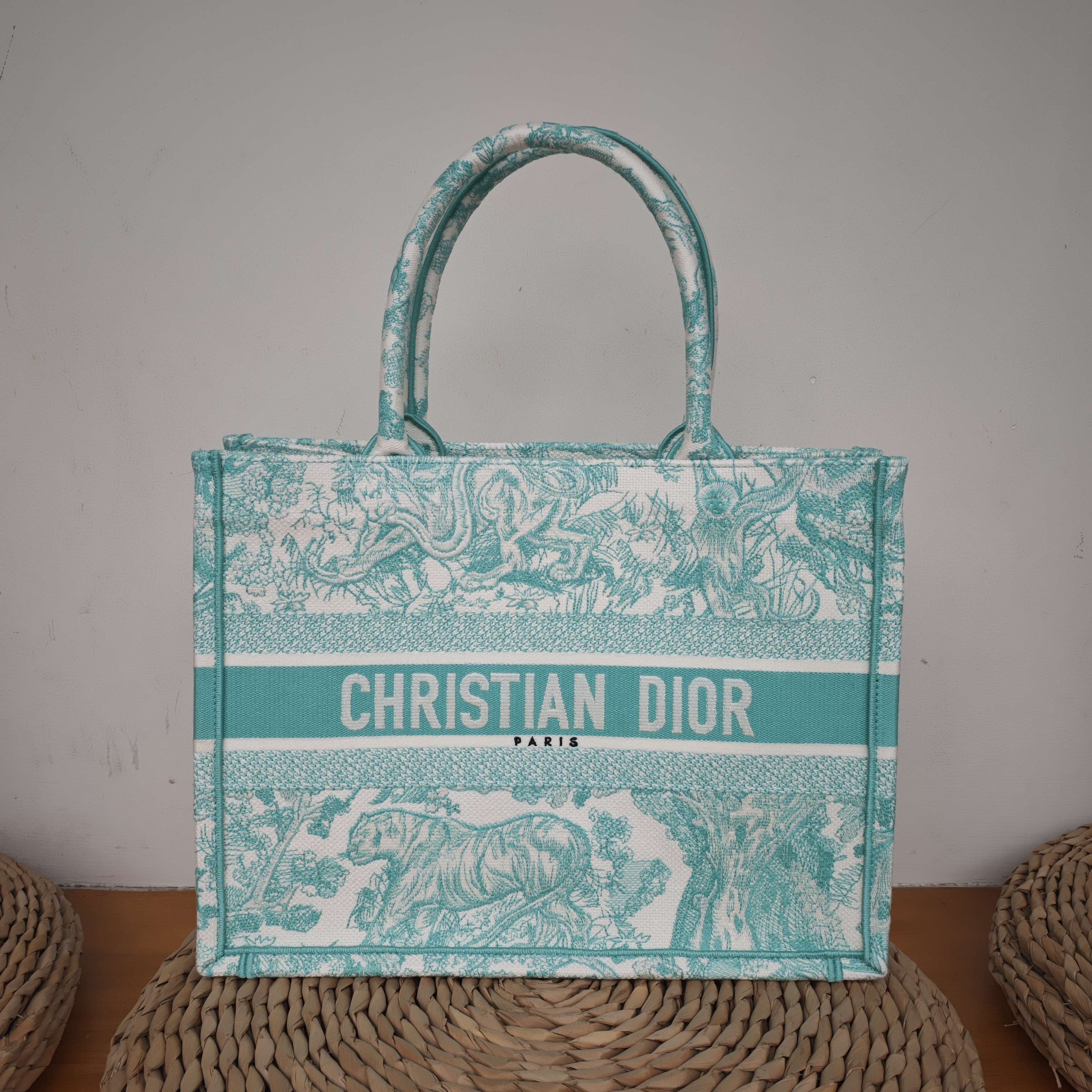 Dior Book Tote Medium Animal Collection Tiger Mint Green Silver Hardware