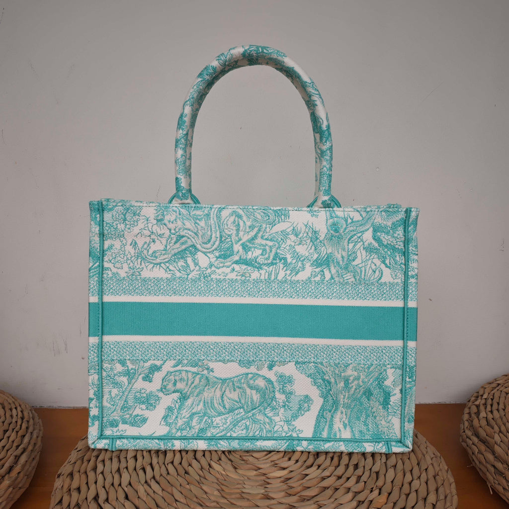 Dior Book Tote Medium Animal Collection Tiger Mint Green Silver Hardware