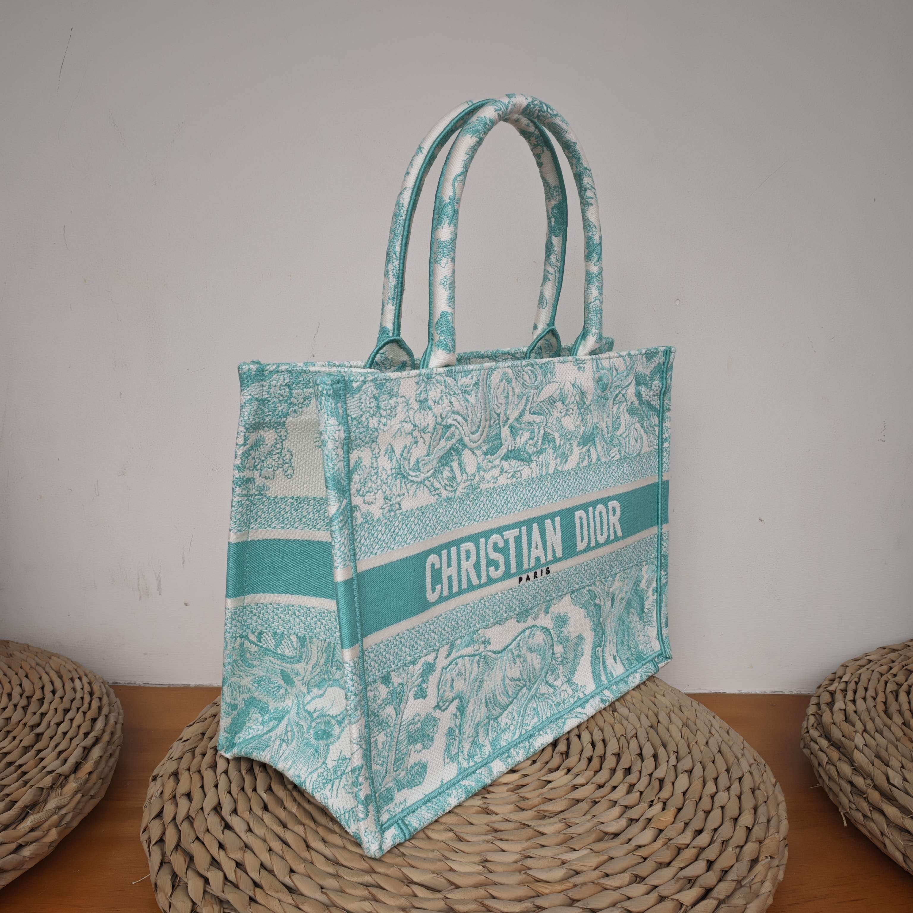 Dior Book Tote Medium Animal Collection Tiger Mint Green Silver Hardware