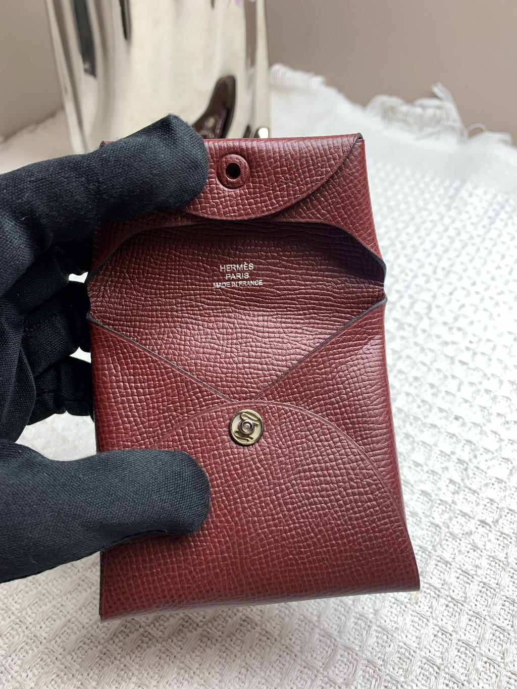 Hermes Bastia Coin Purse Burgundy Epsom Leather Gold Hardware