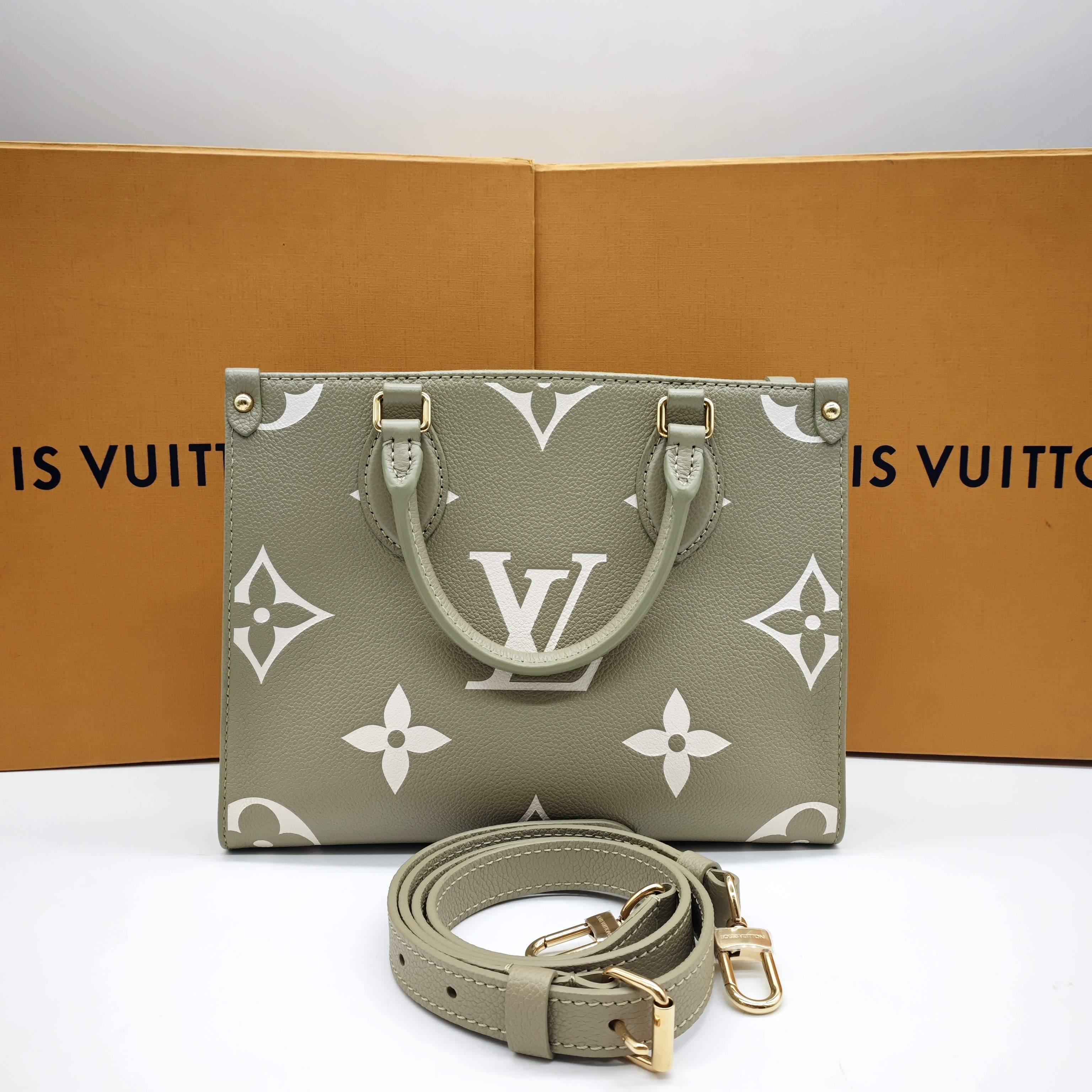 Louis Vuitton Monogram Empreinte Onthego PM Tote Bag Avocado Green Gold Hardware