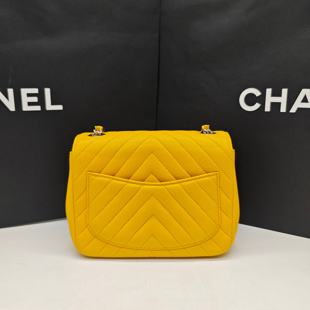 Chanel Chevron Quilted Caviar Flap Bag Yellow Silver Hardware