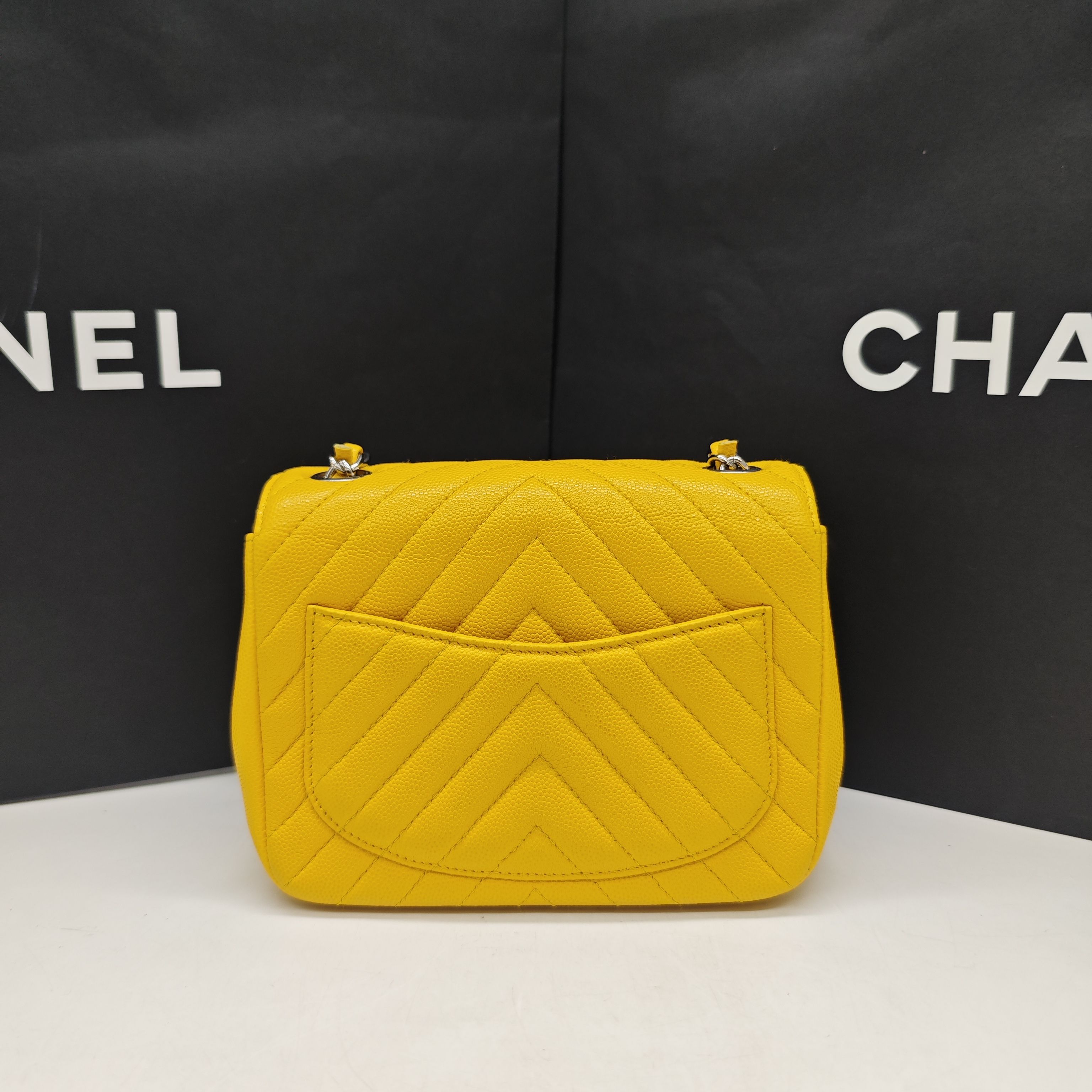 Chanel Chevron Quilted Caviar Flap Bag Yellow Silver Hardware