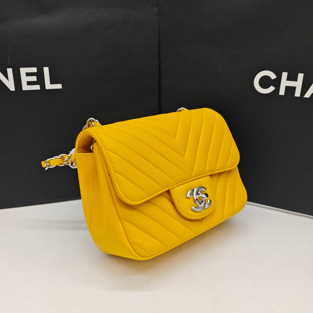 Chanel Chevron Quilted Caviar Flap Bag Yellow Silver Hardware