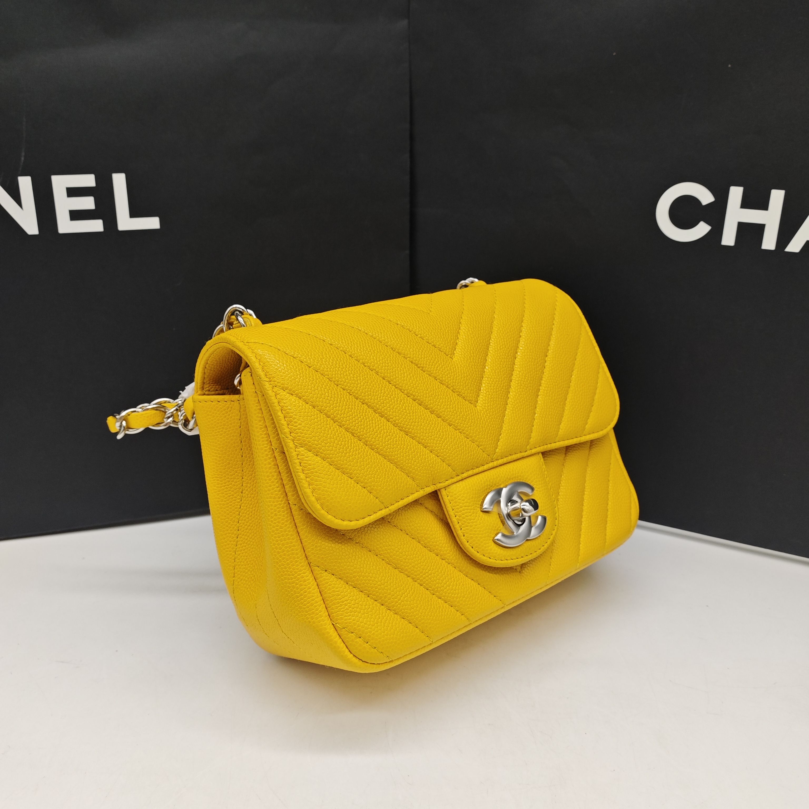 Chanel Chevron Quilted Caviar Flap Bag Yellow Silver Hardware