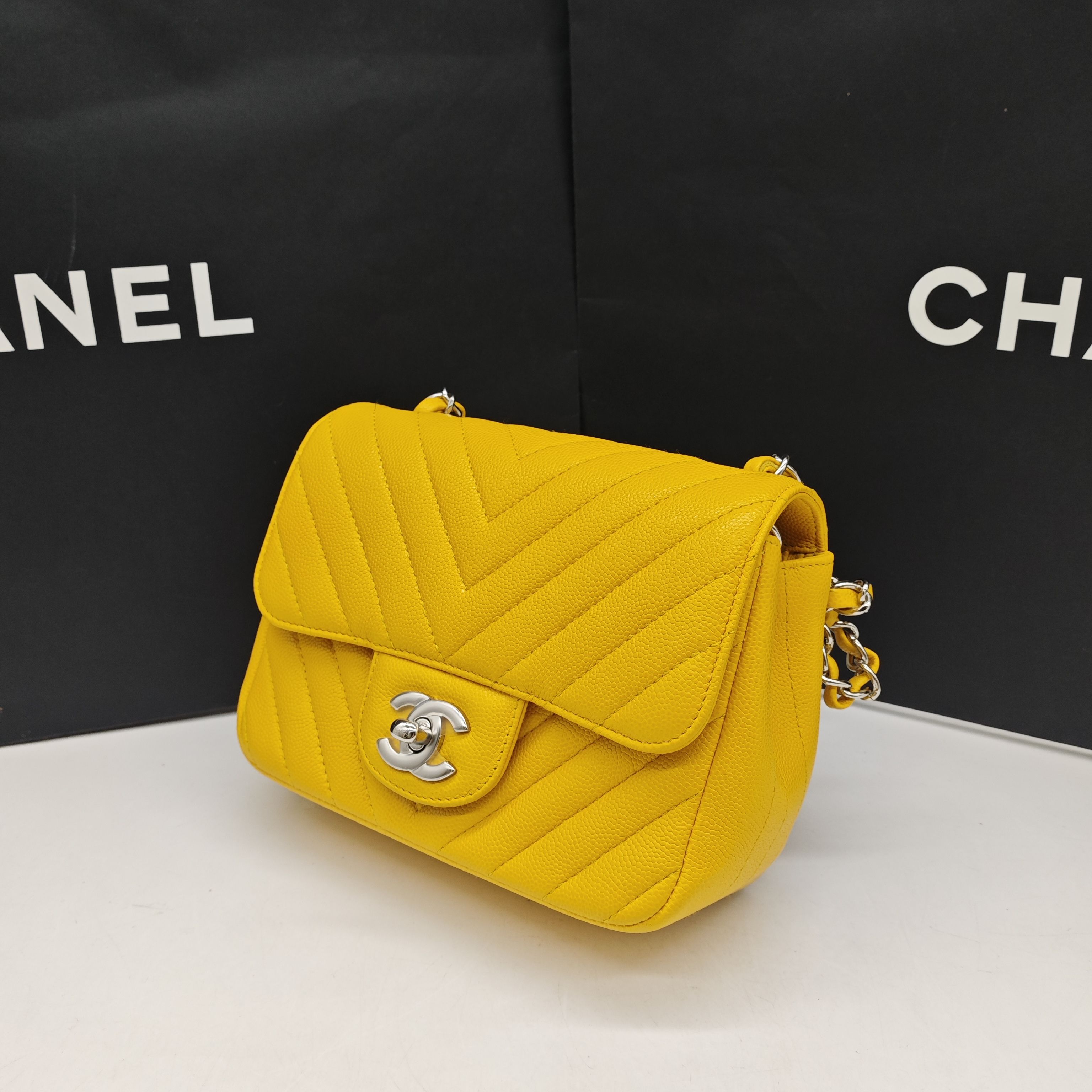 Chanel Chevron Quilted Caviar Flap Bag Yellow Silver Hardware