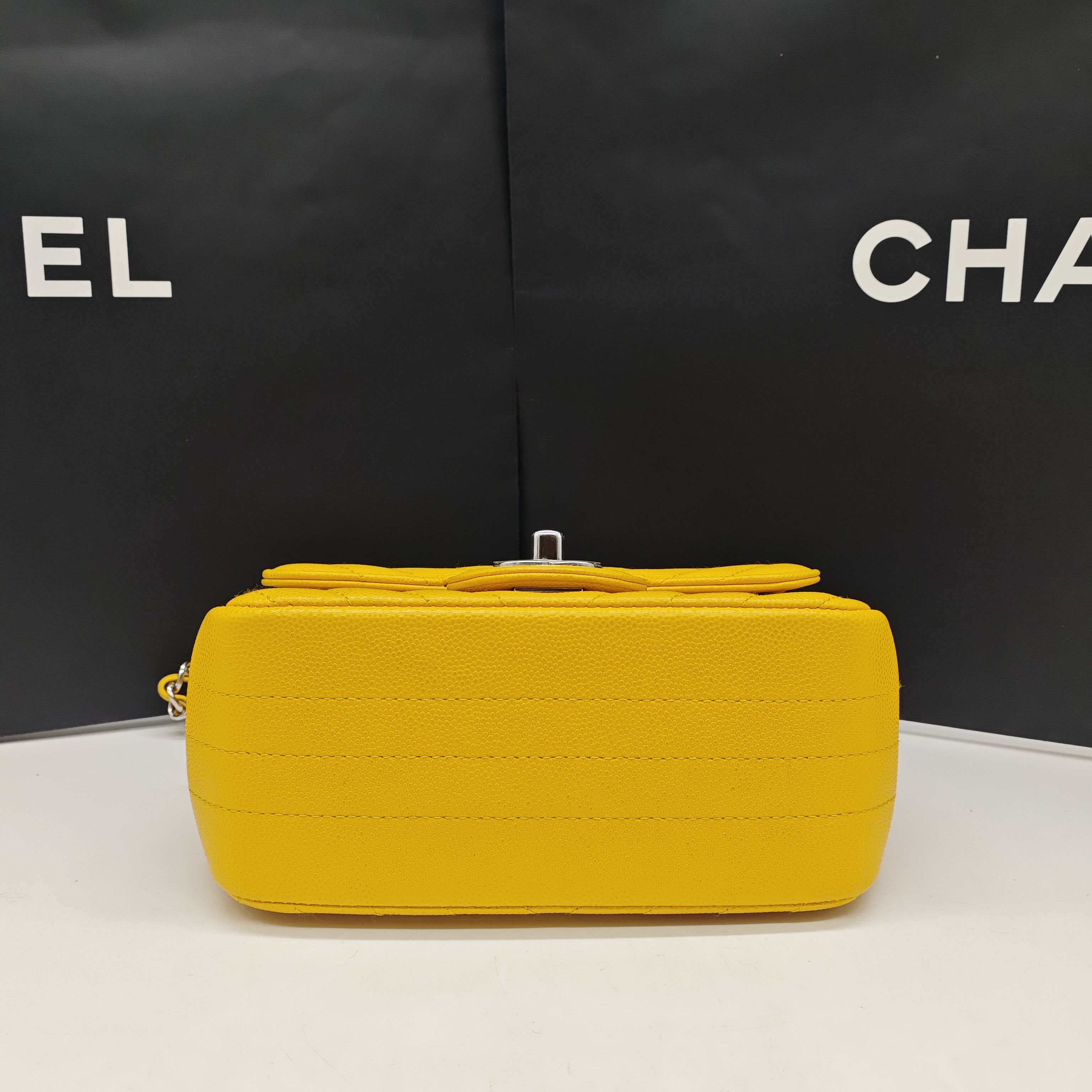 Chanel Chevron Quilted Caviar Flap Bag Yellow Silver Hardware