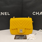 Chanel Chevron Quilted Caviar Flap Bag Yellow Silver Hardware