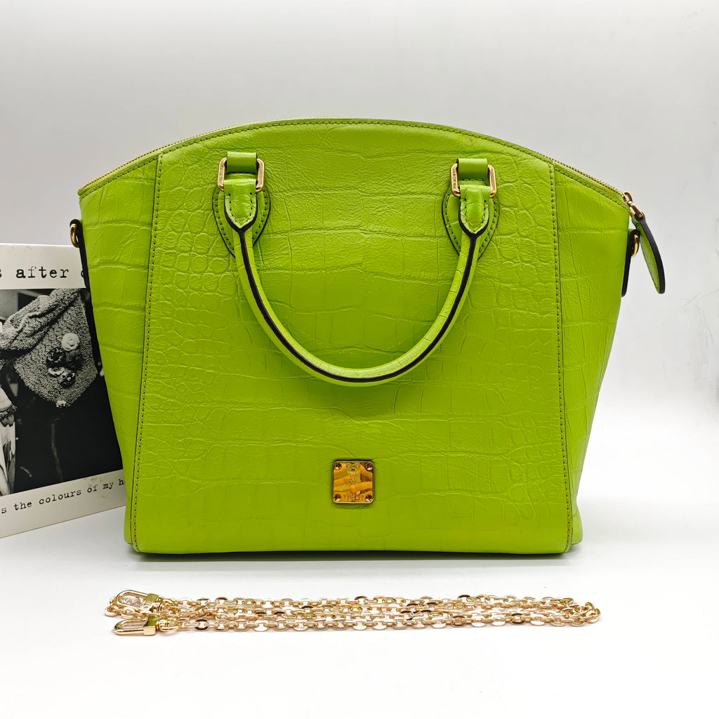 MCM Croc-Embossed Handbag Lime Green Gold Hardware