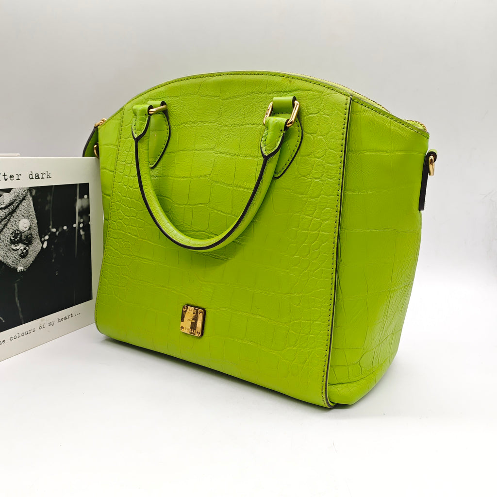 MCM Croc-Embossed Handbag Lime Green Gold Hardware