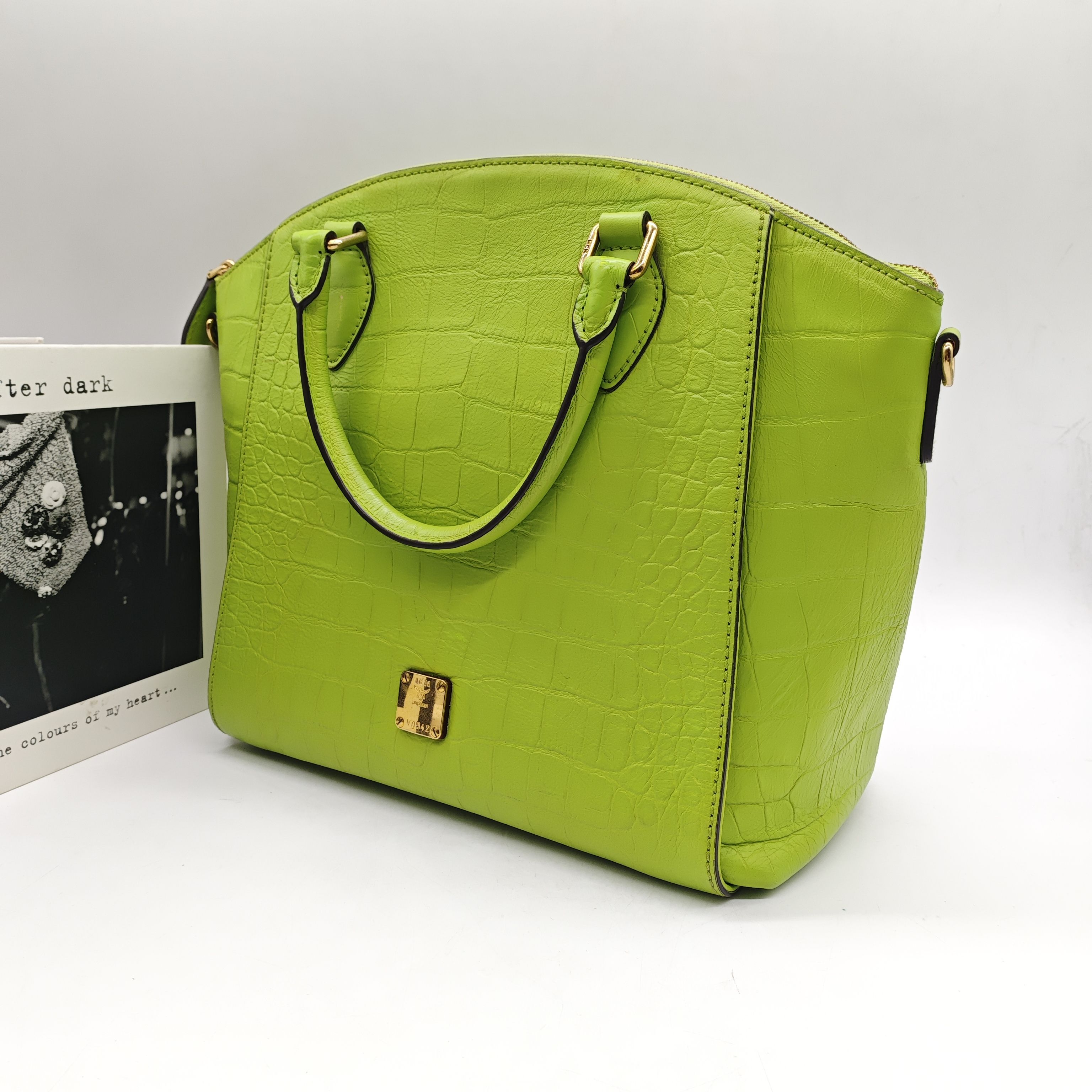 MCM Croc-Embossed Handbag Lime Green Gold Hardware