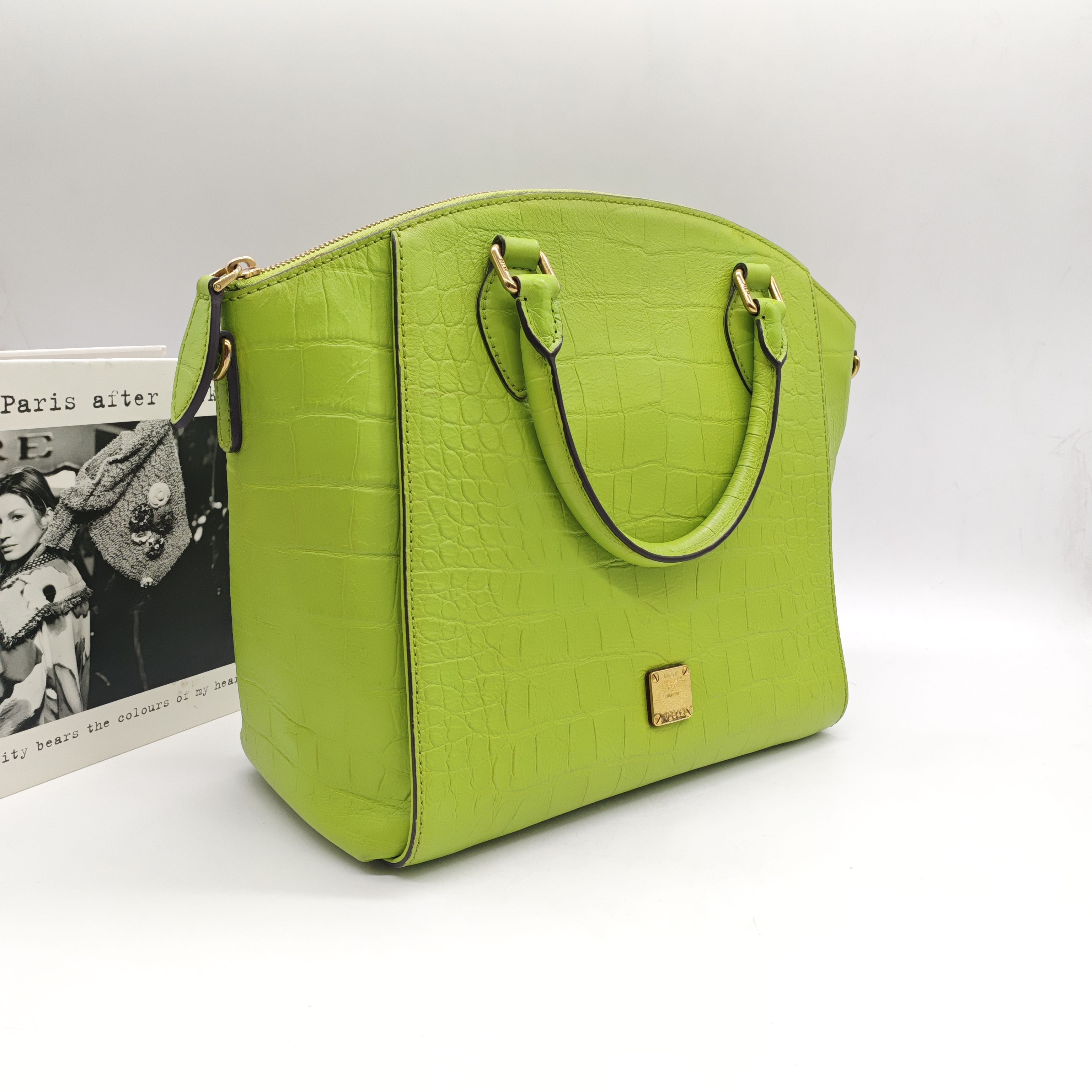 MCM Croc-Embossed Handbag Lime Green Gold Hardware