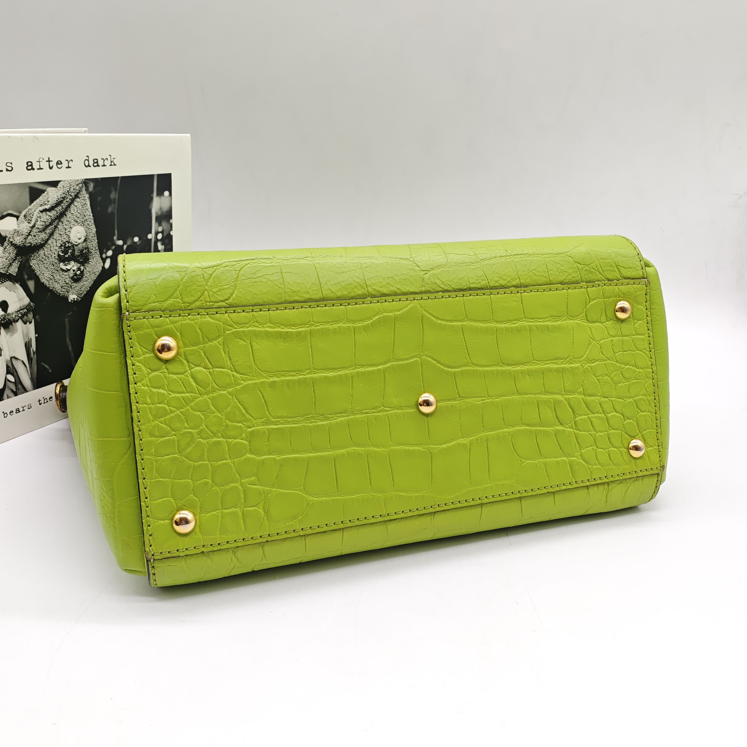 MCM Croc-Embossed Handbag Lime Green Gold Hardware