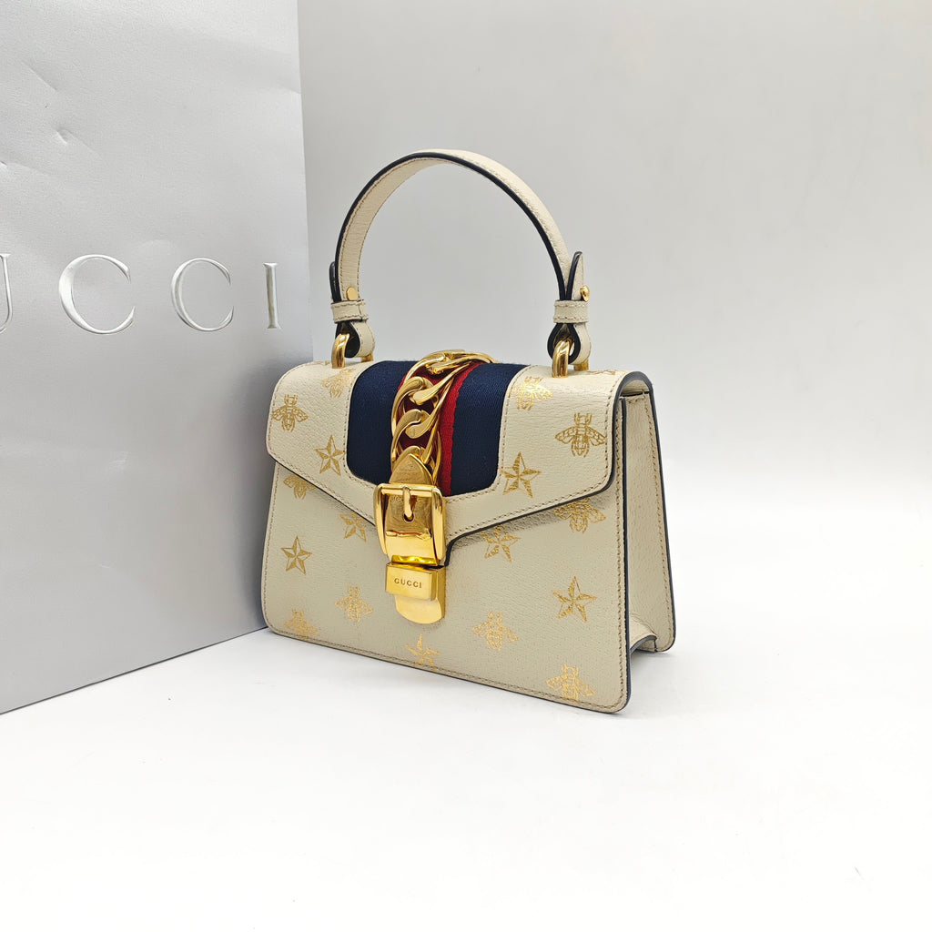 Gucci Sylvie Handbag Cream Leather Gold Hardware