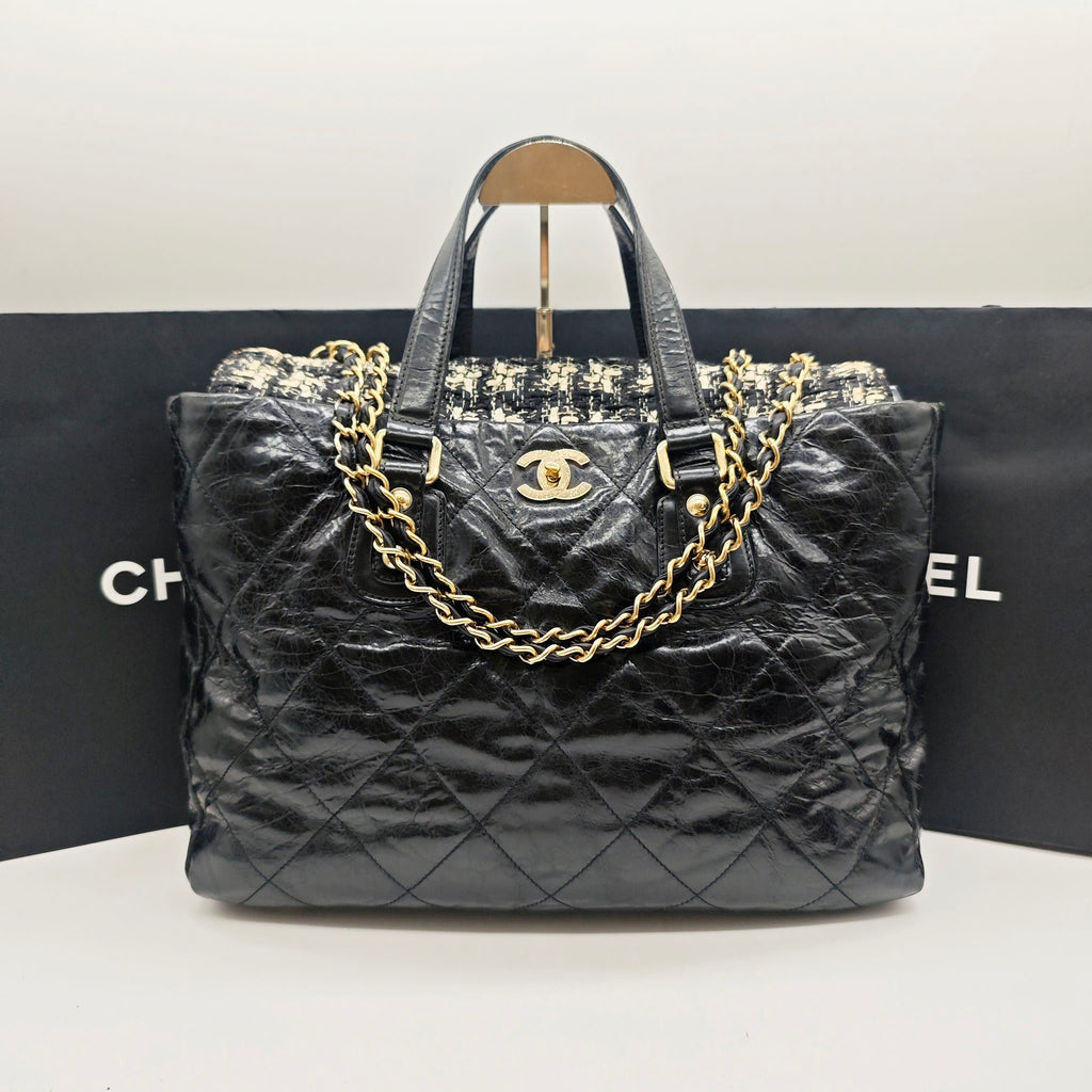 Chanel Mixed Fibers Shopping Tote Bag Black Leather Tweed Gold Hardware