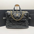 Chanel Mixed Fibers Shopping Tote Bag Black Leather Tweed Gold Hardware