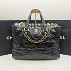 Chanel Mixed Fibers Shopping Tote Bag Black Leather Tweed Gold Hardware