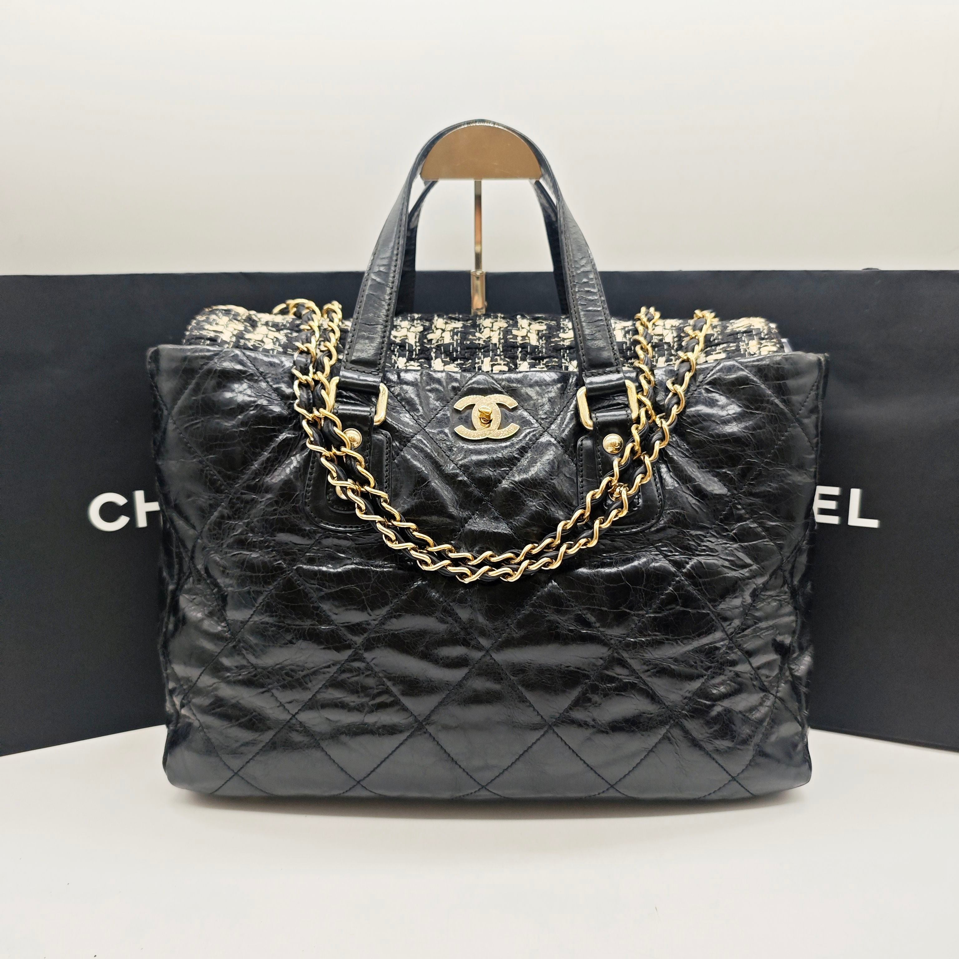 Chanel Mixed Fibers Shopping Tote Bag Black Leather Tweed Gold Hardware