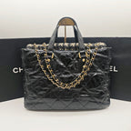 Chanel Mixed Fibers Shopping Tote Bag Black Leather Tweed Gold Hardware