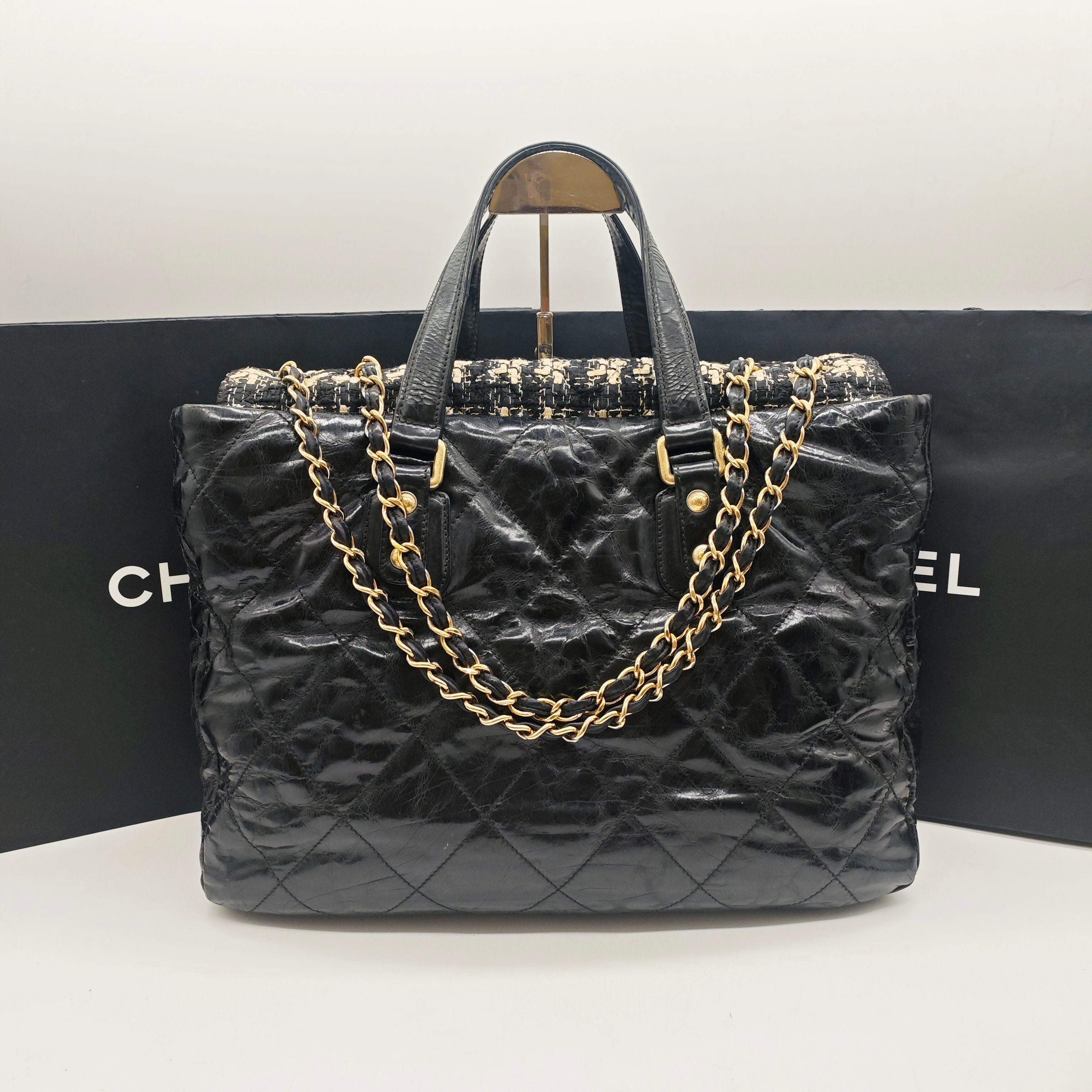 Chanel Mixed Fibers Shopping Tote Bag Black Leather Tweed Gold Hardware