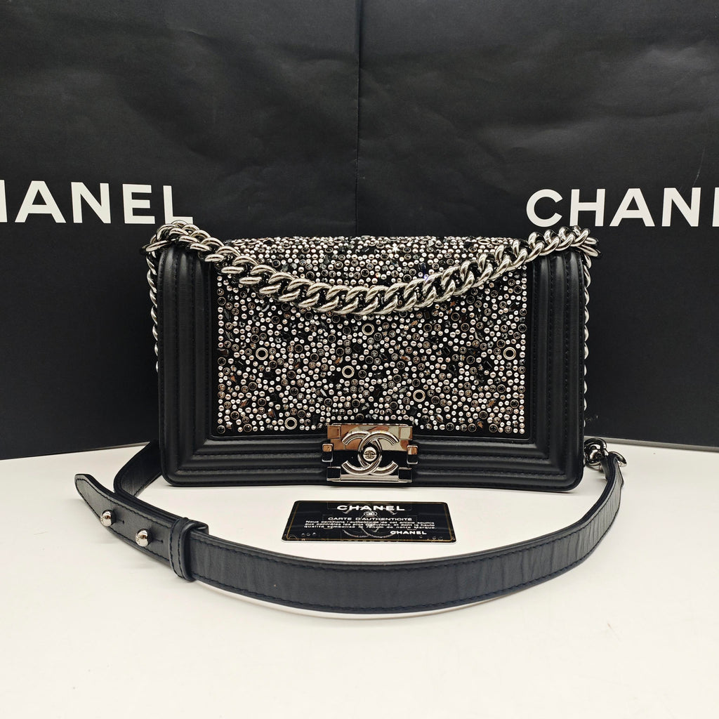 Chanel Boy Handbag Black Leather Silver Studs Crystals Silver Hardware