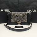 Chanel Boy Handbag Black Leather Silver Studs Crystals Silver Hardware