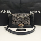 Chanel Boy Handbag Black Leather Silver Studs Crystals Silver Hardware