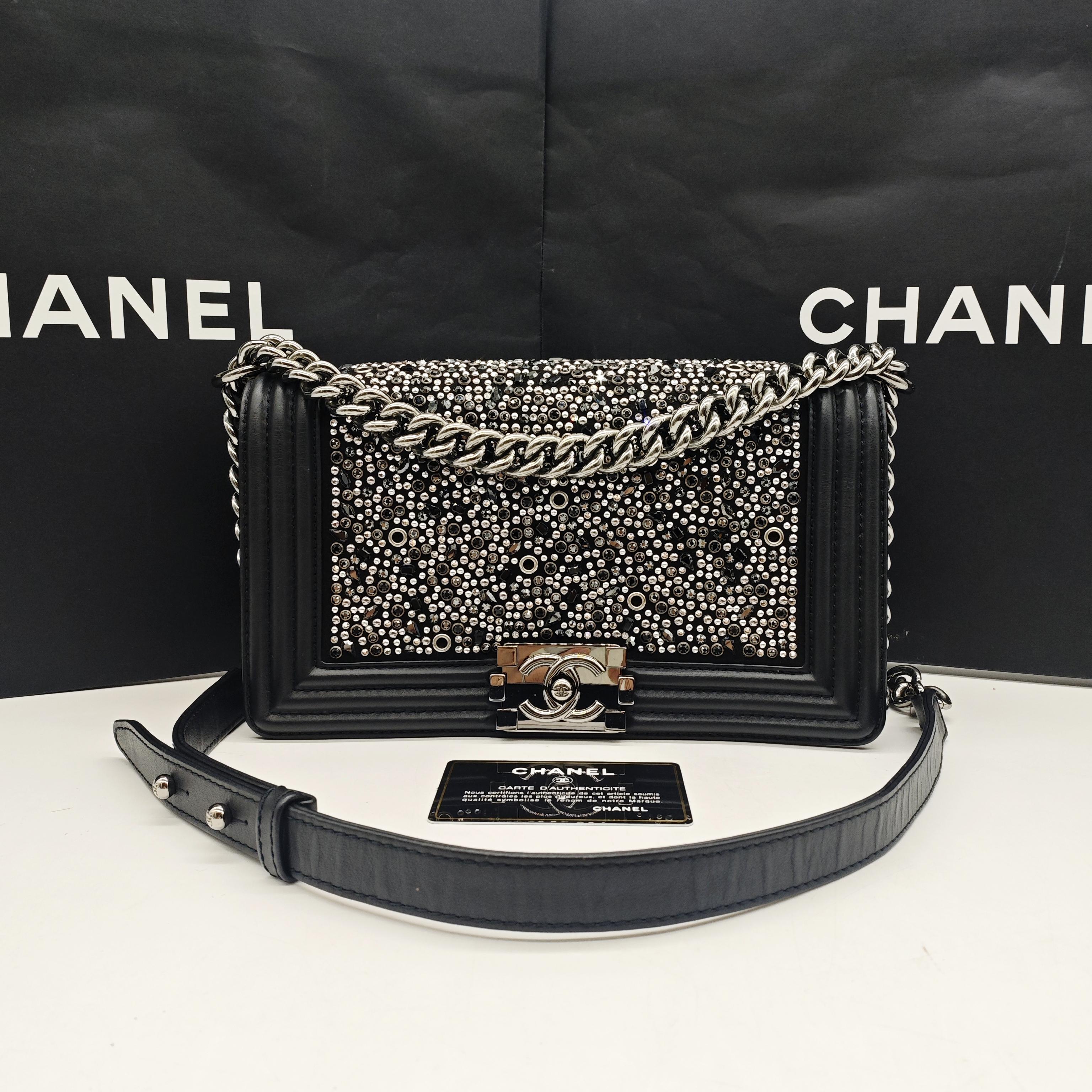Chanel Boy Handbag Black Leather Silver Studs Crystals Silver Hardware