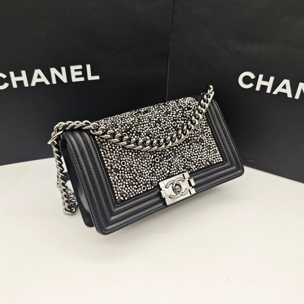 Chanel Boy Handbag Black Leather Silver Studs Crystals Silver Hardware