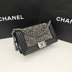 Chanel Boy Handbag Black Leather Silver Studs Crystals Silver Hardware