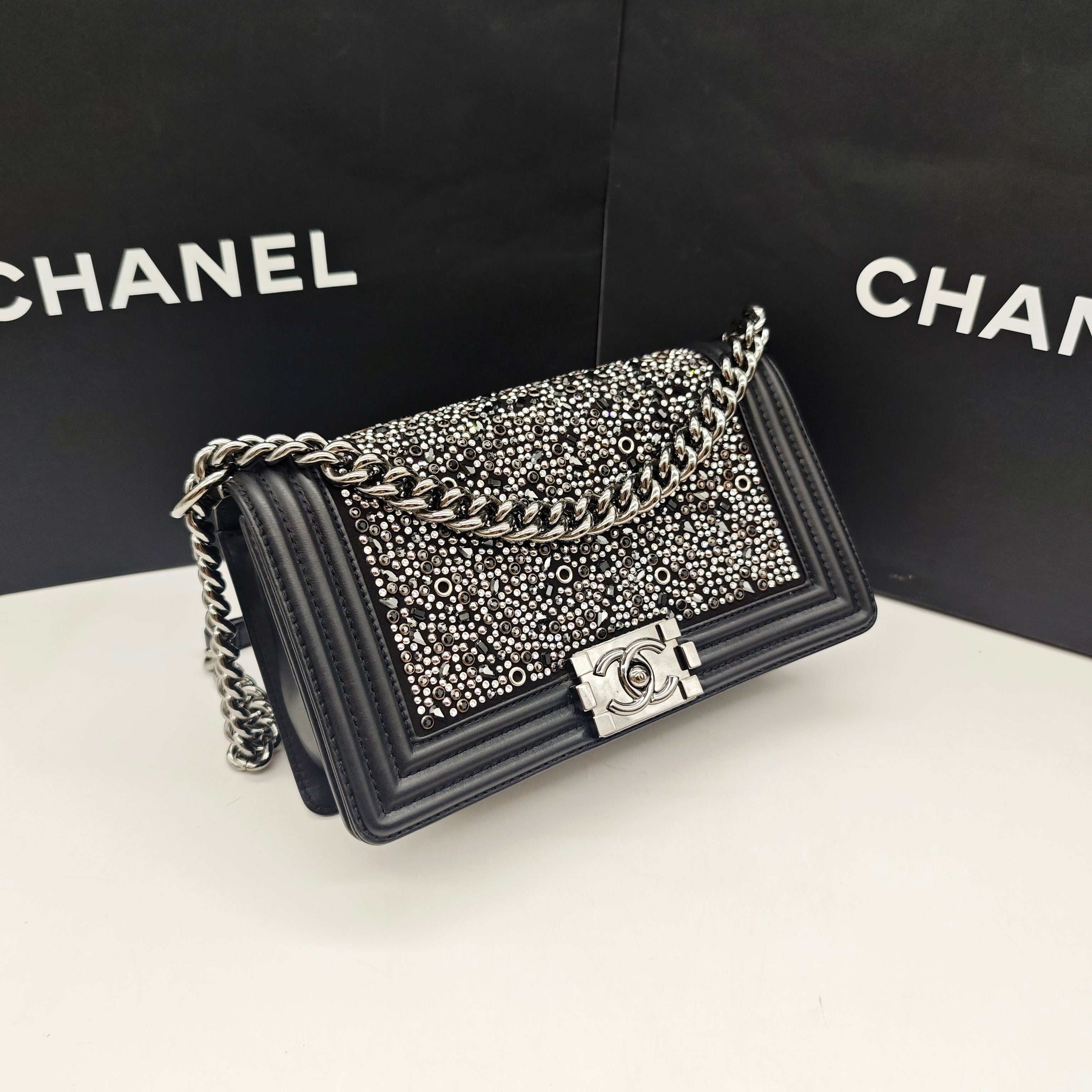 Chanel Boy Handbag Black Leather Silver Studs Crystals Silver Hardware