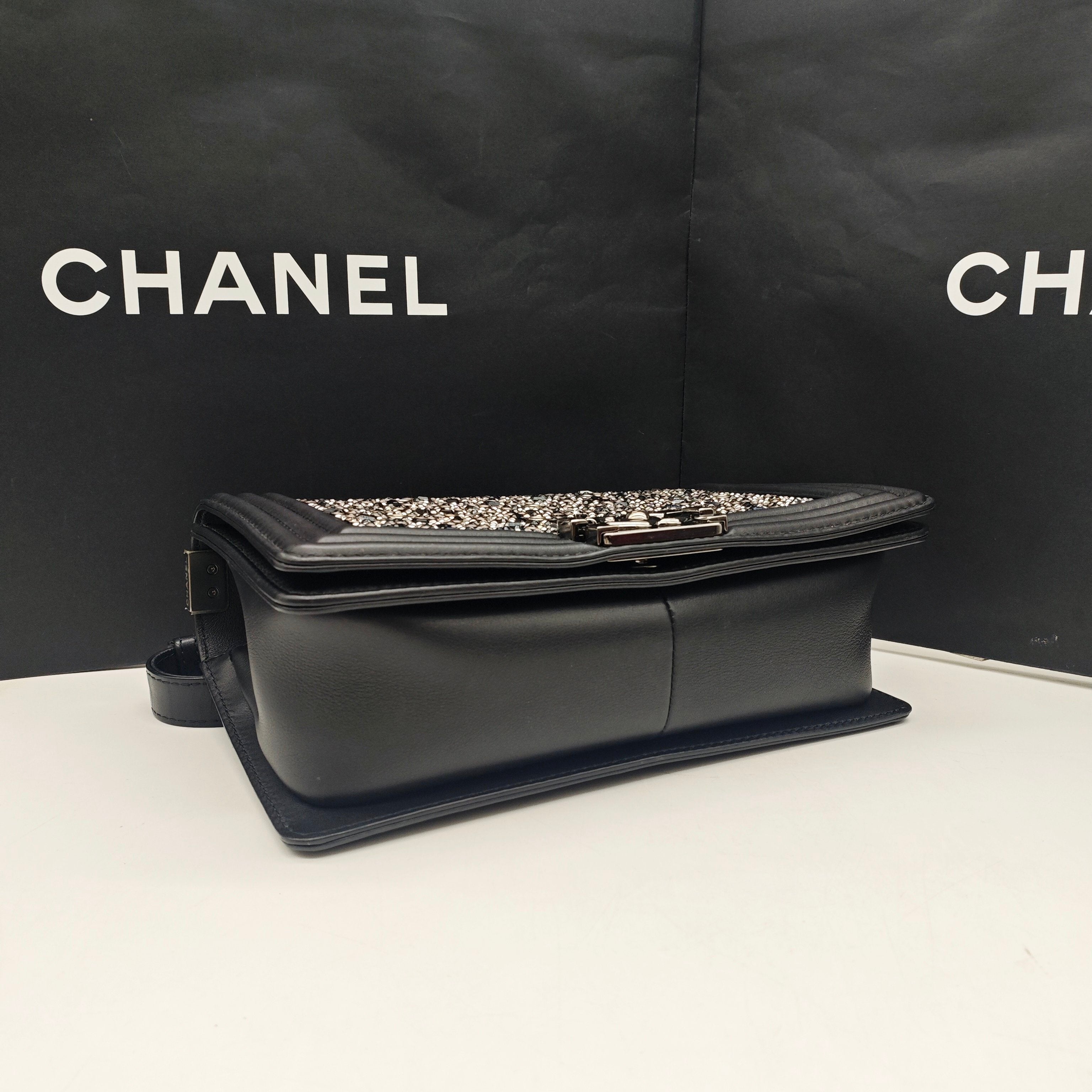 Chanel Boy Handbag Black Leather Silver Studs Crystals Silver Hardware