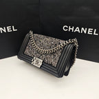 Chanel Boy Handbag Black Leather Silver Studs Crystals Silver Hardware