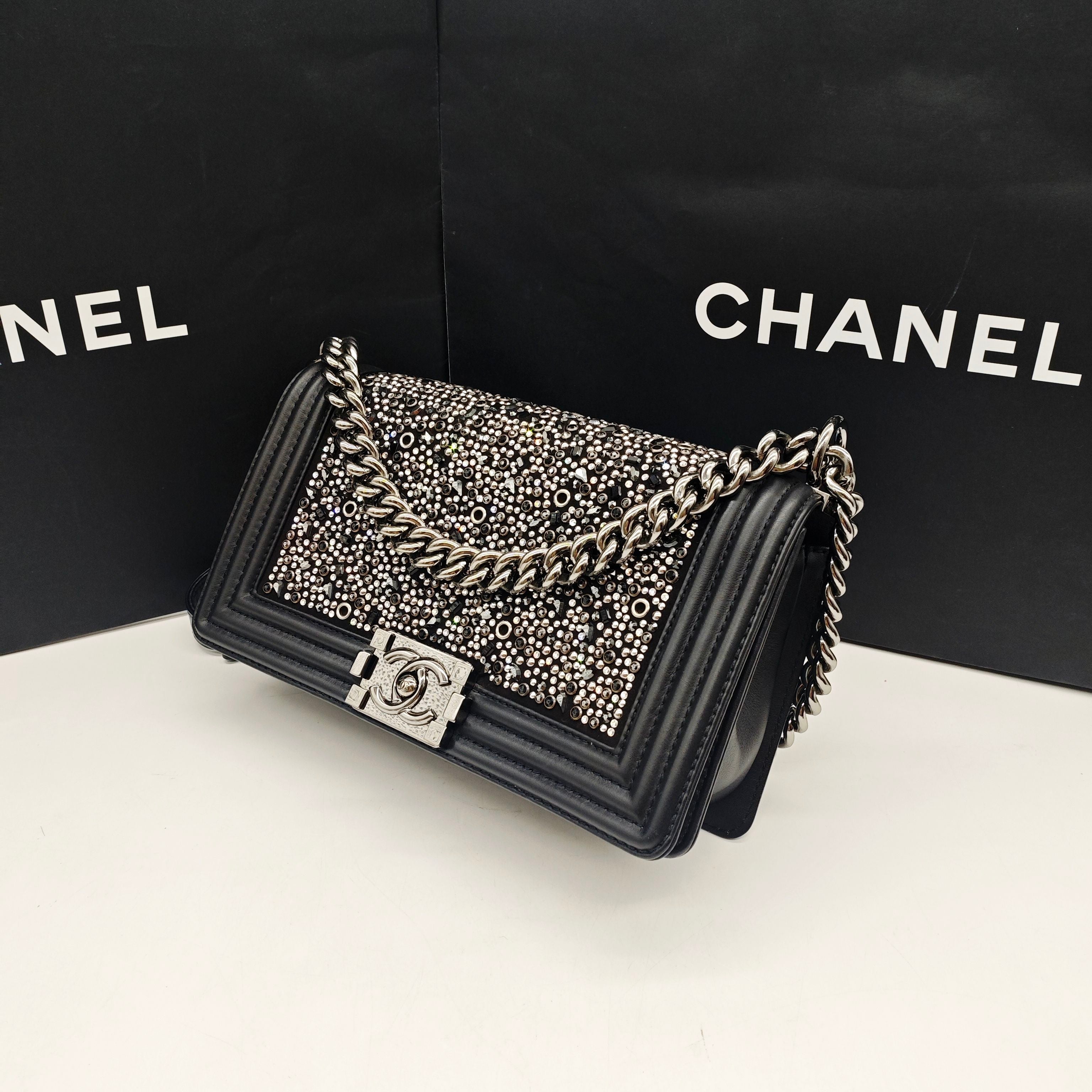 Chanel Boy Handbag Black Leather Silver Studs Crystals Silver Hardware