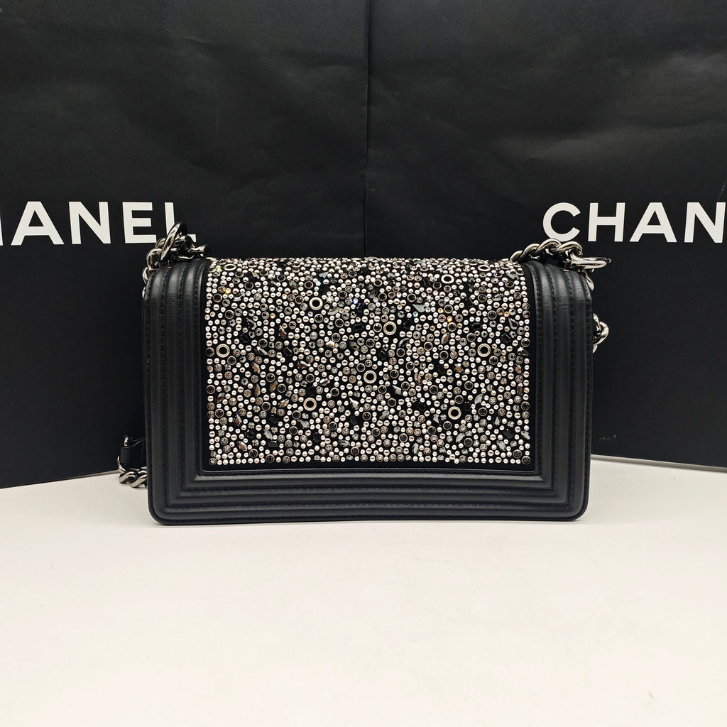 Chanel Boy Handbag Black Leather Silver Studs Crystals Silver Hardware