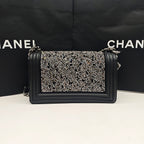 Chanel Boy Handbag Black Leather Silver Studs Crystals Silver Hardware