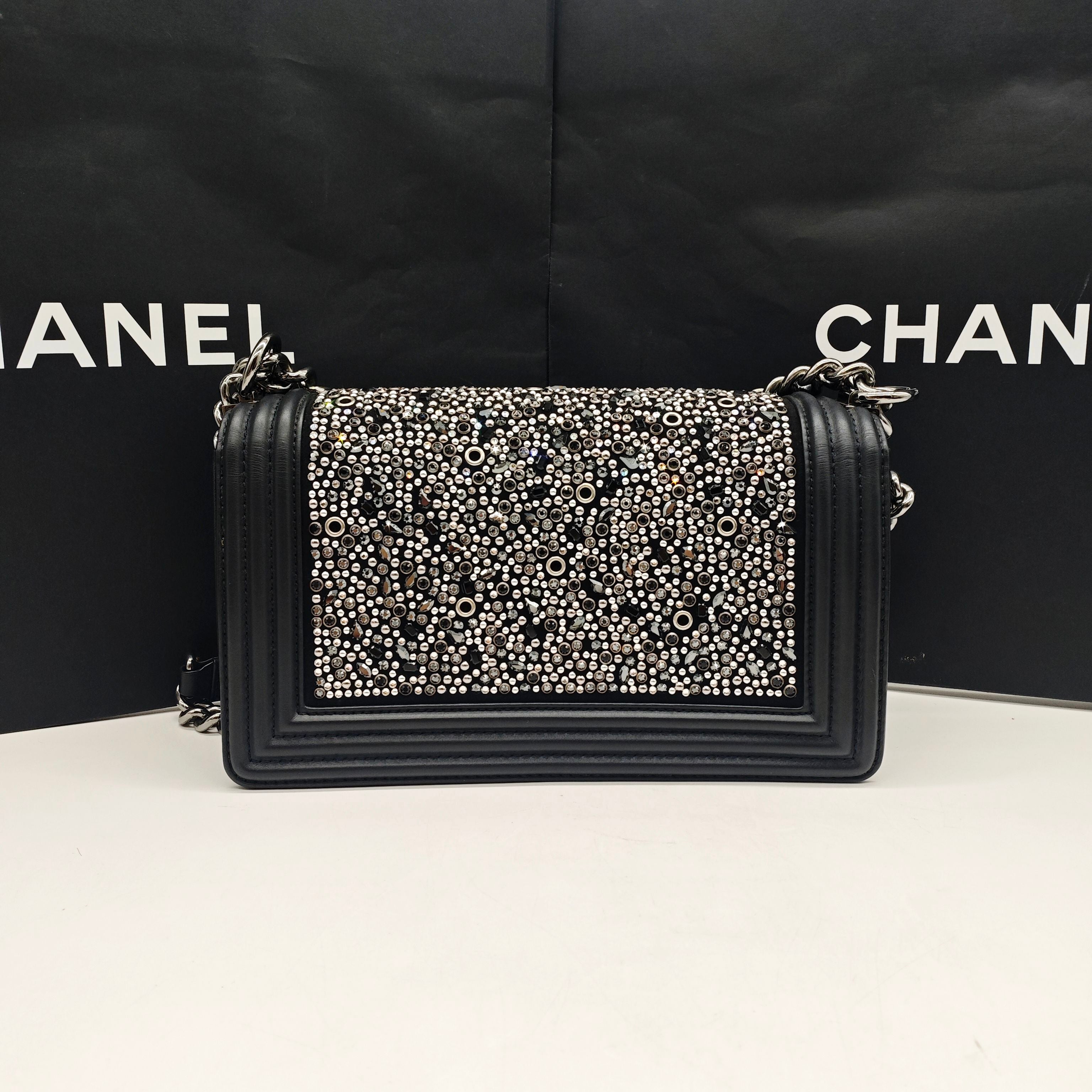 Chanel Boy Handbag Black Leather Silver Studs Crystals Silver Hardware