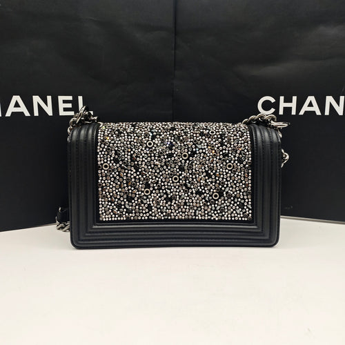 Chanel Boy Handbag Black Leather Silver Studs Crystals Silver Hardware