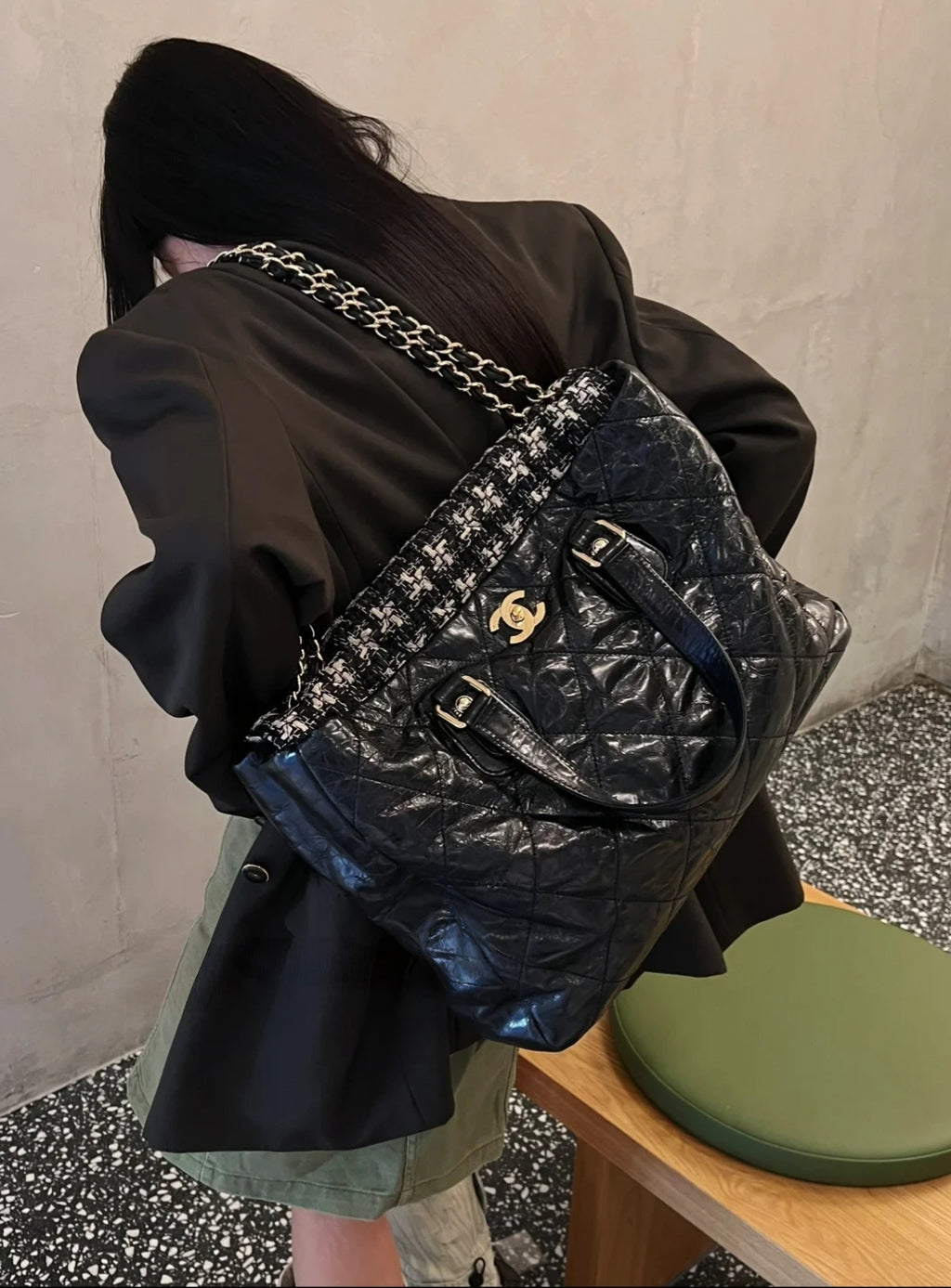 Chanel Mixed Fibers Shopping Tote Bag Black Leather Tweed Gold Hardware