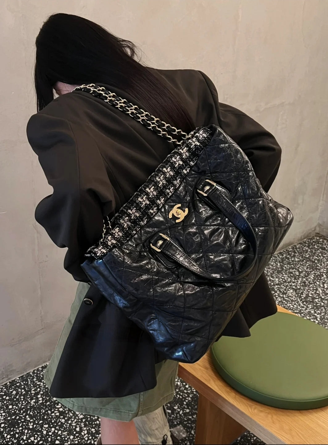 Chanel Mixed Fibers Shopping Tote Bag Black Leather Tweed Gold Hardware