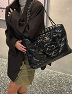 Chanel Mixed Fibers Shopping Tote Bag Black Leather Tweed Gold Hardware